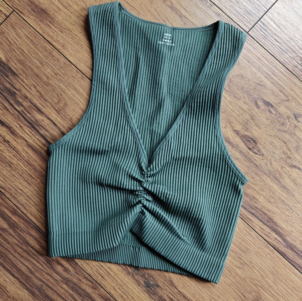 Aerie Superchill Seamless Tank Top In Olive Green Women's XS Athleisure Crop Rib